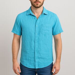 Magaschoni Men’s Linen Blend Short-Sleeve Shirt – Aqua Blue | Size M